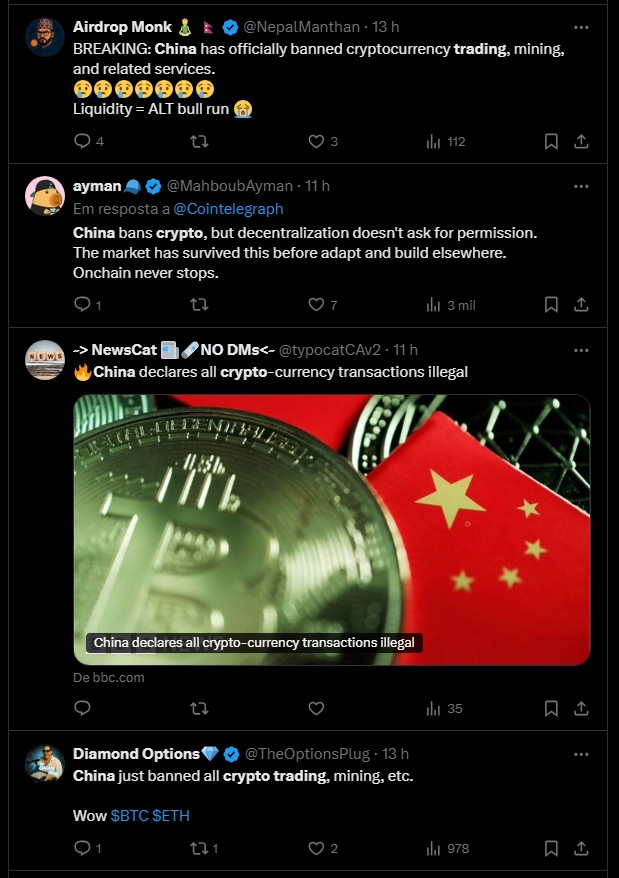 Postagens sobre novo banimento do Bitcoin pela China no X