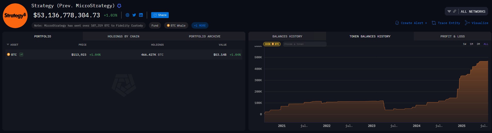Arkham aponta que Strategy possui, sim, centenas de milhares de bitcoins em suas carteiras. Fonte: Arkham Intelligence.