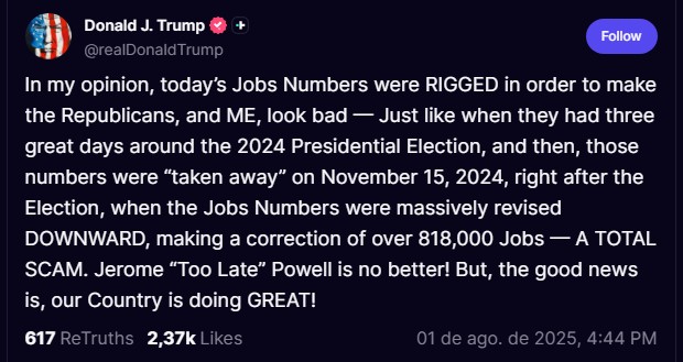 Donald Trump afirma que dados foram manipulados para manchar sua reputação, também aproveitando para criticar o presidente do Fed, Jerome Powell, novamente. Fonte: Truth Social.