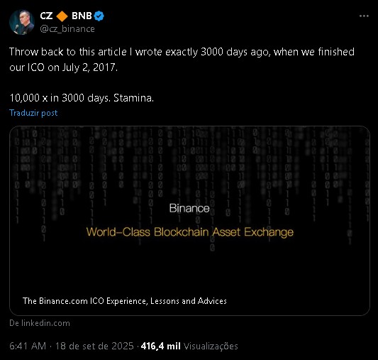 Fundador da Binance comemora alta histórica da BNB e relembra artigo inicial do projeto