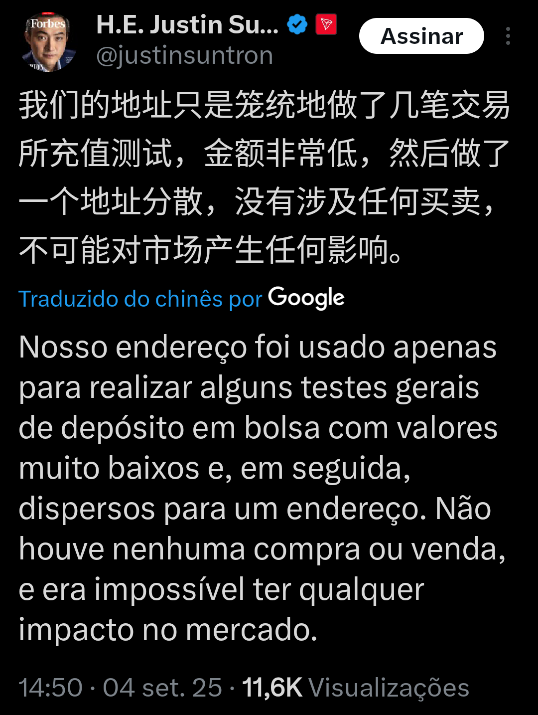 Justin Sun se justifica alegando que realizou apenas alguns testes