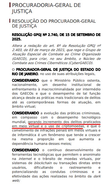 Ministério Público oficializa criação de CyberGAECO no Rio de Janeiro citando crimes com criptomoedas