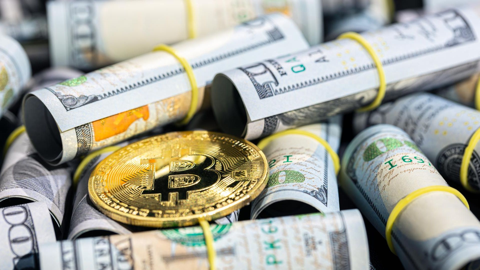 Notas de dólar com bitcoin no meio Hashdex cripto