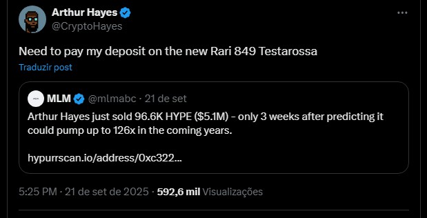 Arthur Hayes diz que vendeu criptomoeda que previa alta de 126x para comprar um carro de luxo. Fonte: X.