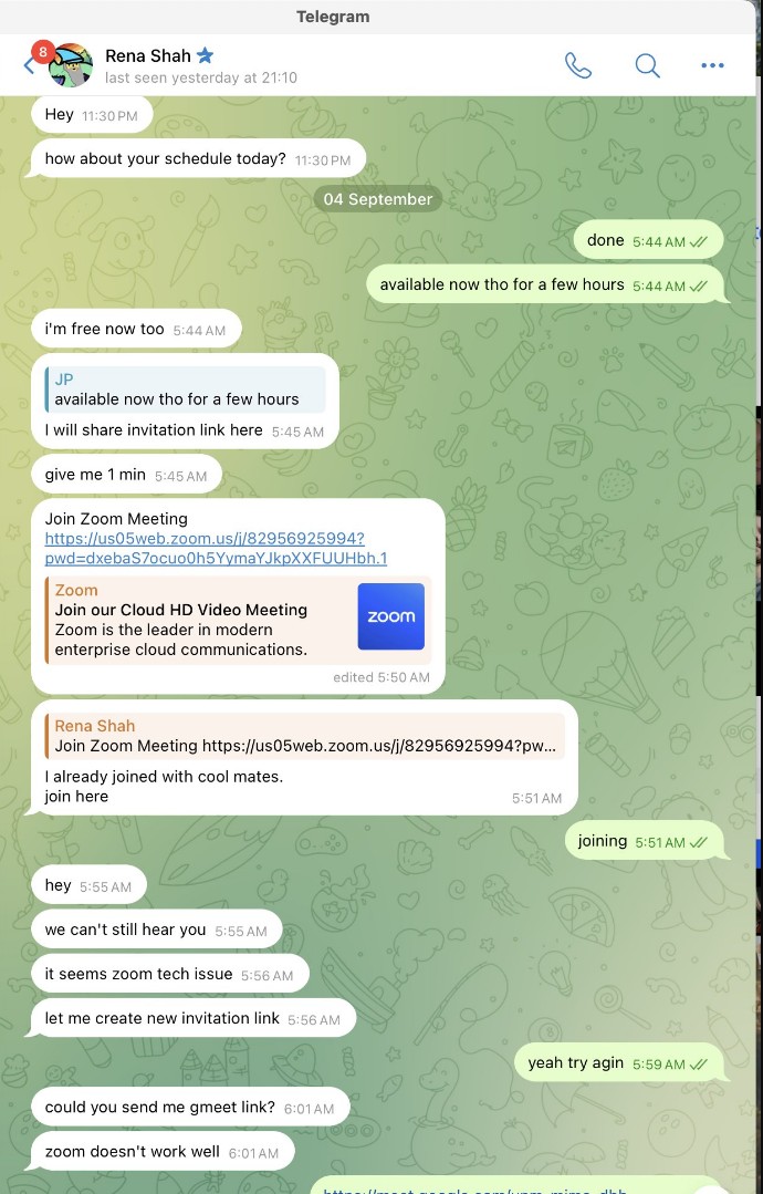 Desenvolvedor pensou estar falando com um amigo no Telegram, mas conta estava sob controle dos hackers que enviaram falsos links para ele. Fonte: JP/X/Reprodução.