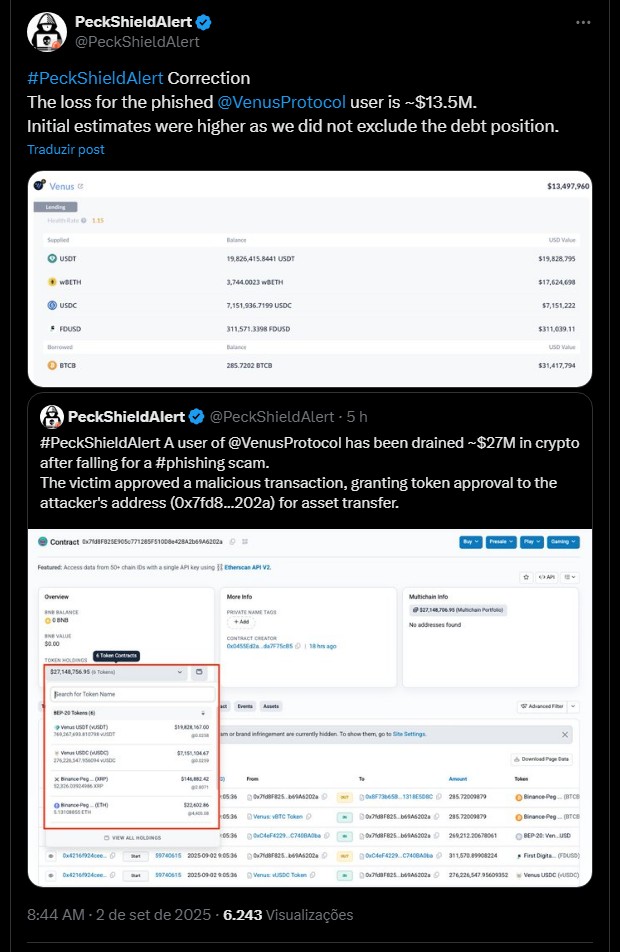 Informações sobre ataque de phishing contra baleia de criptomoedas. Fonte: PeckShield/X.