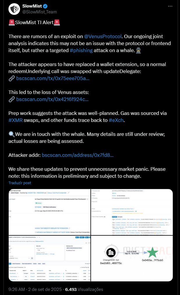 Relatório preliminar sobre ataque de phishing contra usuário do Venus Protocol. Fonte: SlowMist/X.