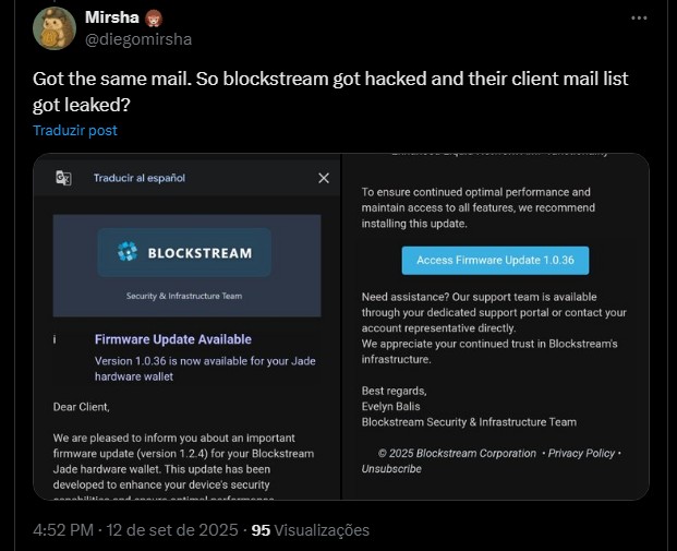Usuário da carteira Jade, da Blockstream, questiona se dados de clientes foram vazados. Fonte: X.