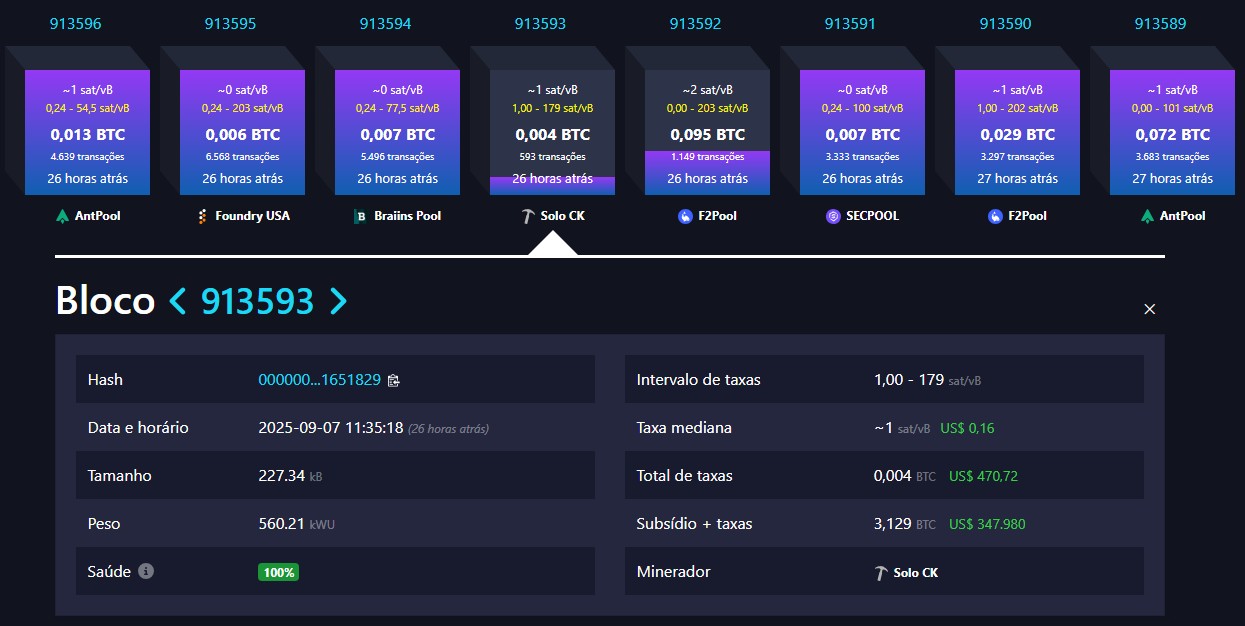 Bloco 913.593 foi minerado por um minerador solo, que recebeu 3,066 bitcoins (R$ 1,9 milhão) em sua carteira. Fonte: Mempool.space.