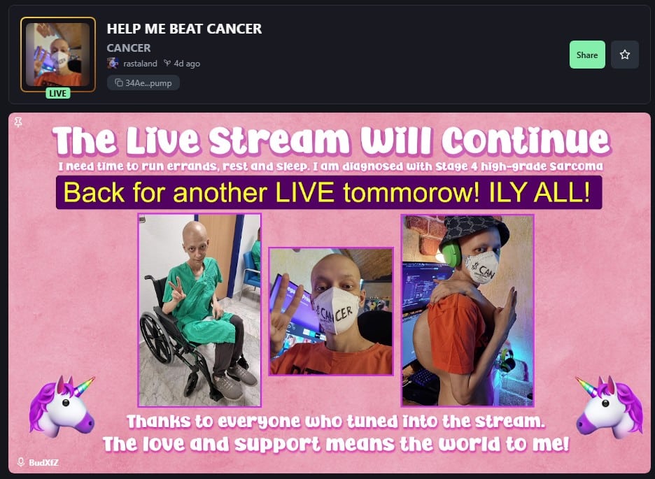 Live da criptomoeda “CANCER”, criada por Plavnieks para arrecadar fundos para seu tratamento. Fonte: Pump Fun.