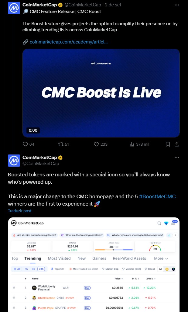Anúncio do CoinMarketCap sobre nova função que dá visibilidade a projetos menores. Fonte: X.