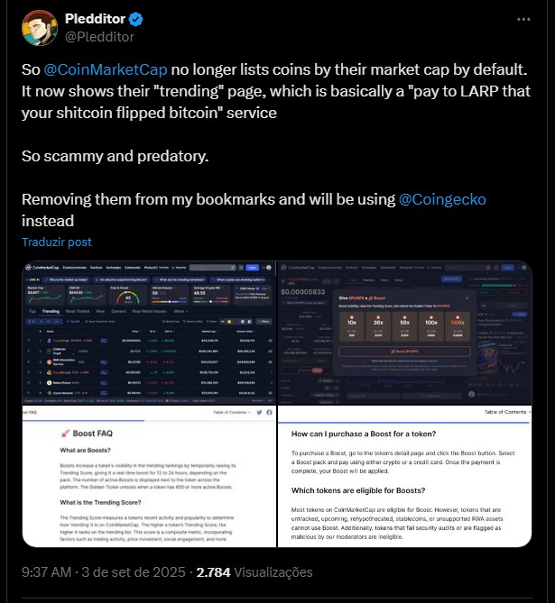 Críticas sobre a nova home do CoinMarketCap. Fonte: X.