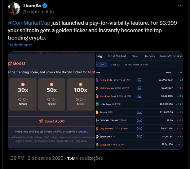 Usuário aponta que basta pagar para aparecer como destaque no CoinMarketCap. Fonte: X.