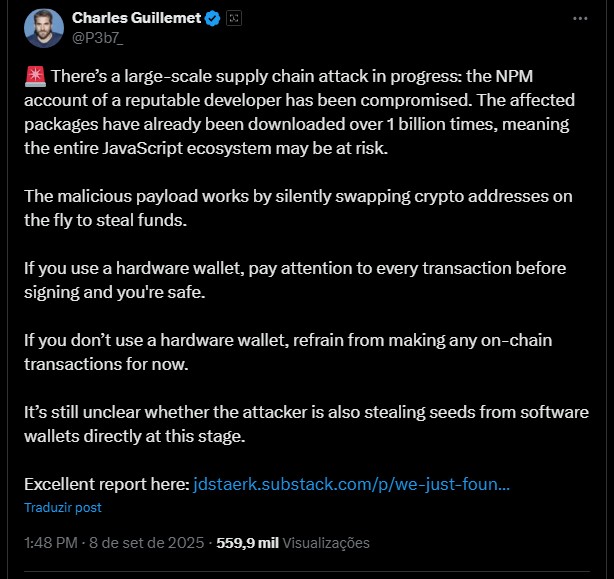 CTO da Ledger, Charles Guillemet, faz alerta sobre ataque de larga escala que pode roubar criptomoedas. Fonte: X.