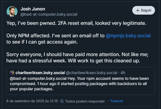 Mantenedor do NPM afirma que sua conta foi hackeada. Fonte: BlueSky.