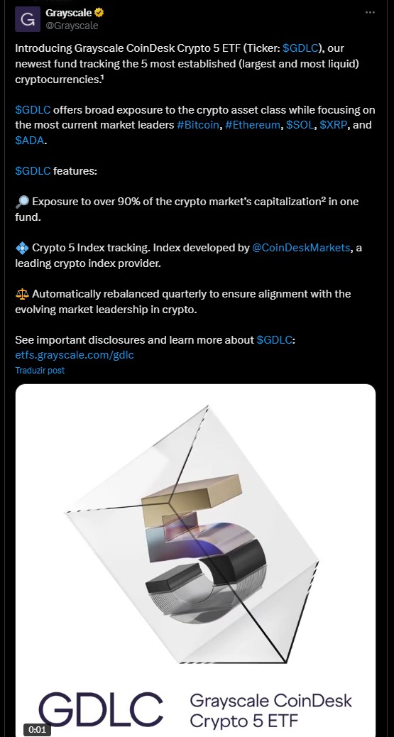 Anuncio do GDLC, ETF multi-criptomoedas da Grayscale. Fonte: X.