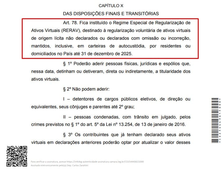 Novo trechoda MP 1303/2025 sobre regularização de criptomoedas não-declaradas. Fonte: Senado.