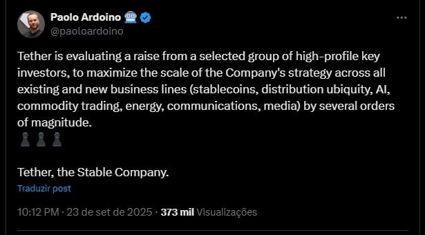 Paolo Ardoino, CEO da Tether, confirma que empresa está considerando receber aportes. Fonte: X.