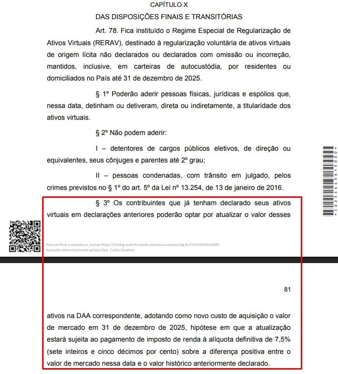 MP propõe regularização de criptomoedas não-declaradas, sugerindo imposto de 7,5%. Fonte: Senado.
