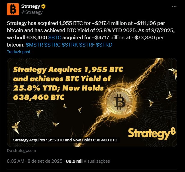 Strategy segue acumulando Bitcoin semanalmente. Fonte: X.