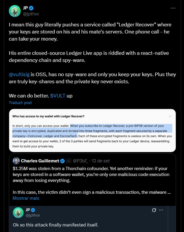 Diretor da Ledger e desenvolvedor da Thorchain discutem nas redes sociais. Fonte: X.