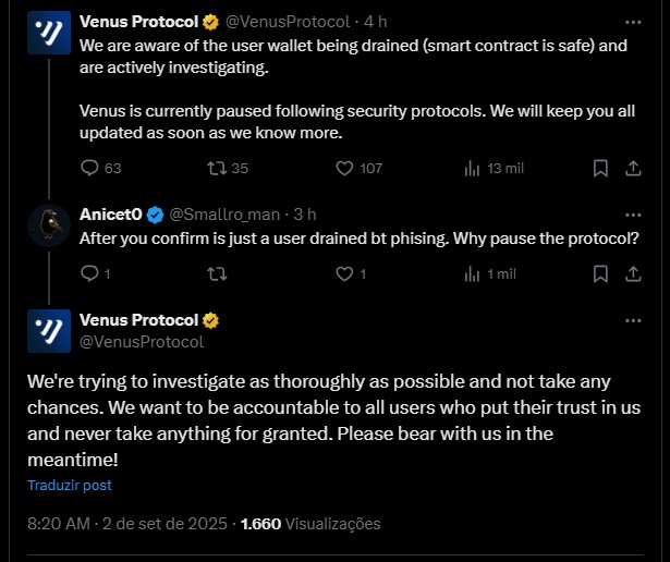 Venus Protocol pausa atividades após um de seus usuários perder R$ 73,7 milhões em ataque de phishing. Fonte: Venus Protocol/X.