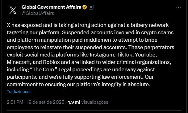 X, antigo Twitter, expõe esquema de suborno usado por golpistas de criptomoedas. Fonte: X.