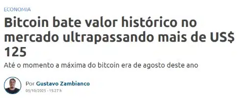 Bitcoin bate valor histórico no mercado ultrapassando mais de 125 m dolar