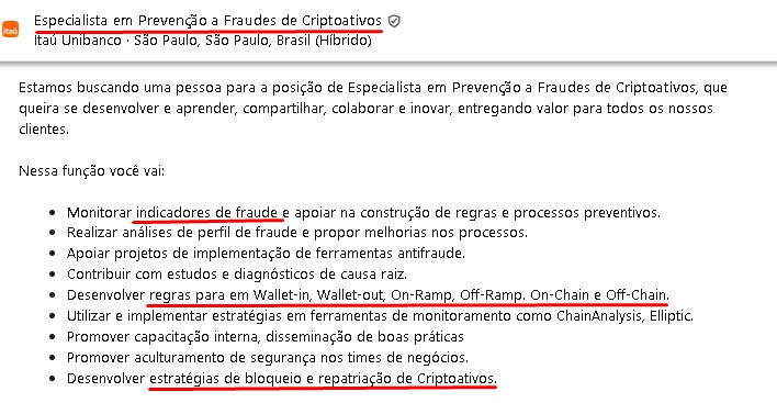 Itaú abre vagas para especialista em prevenção a fraudes com criptomoedas