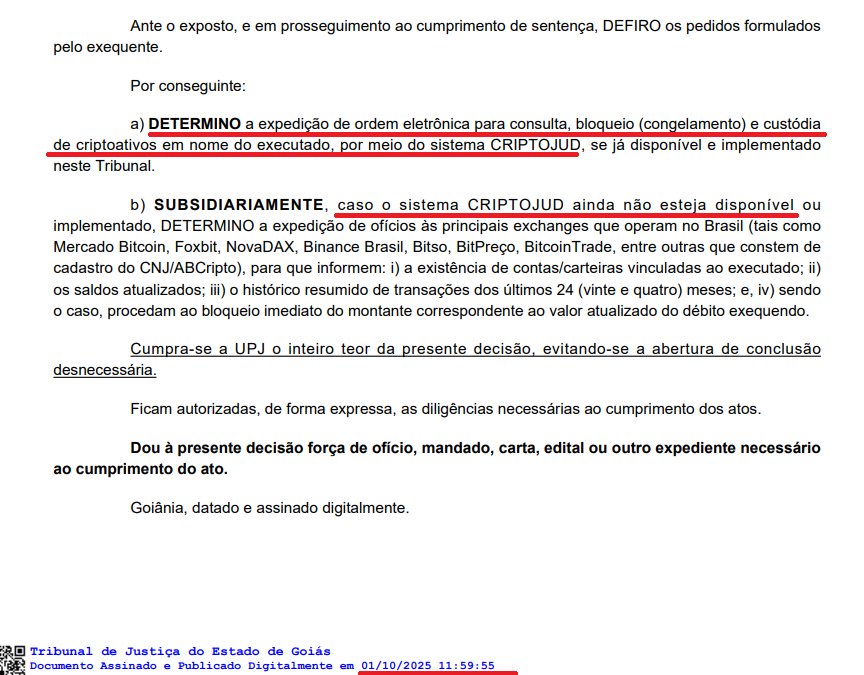 Juiz determina que bloqueio de criptomoedas em nome de executado se dê pelo Criptojud