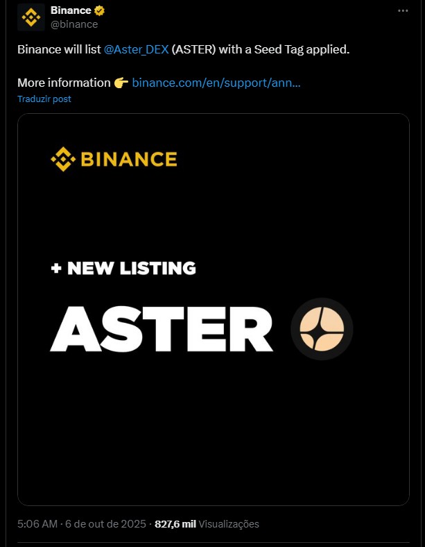 Anúncio de listagem da criptomoeda Aster (ASTER) pela Binance. Fonte: X.