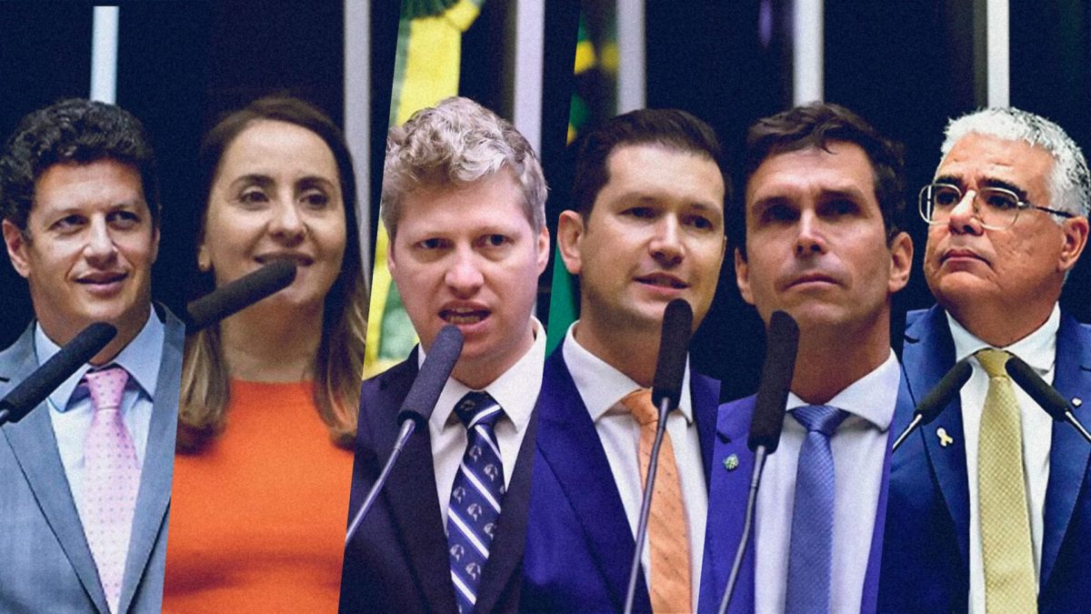 Toda a bancada de deputados do NOVO na Câmara assinou o PDL para suspender o monitoramento das criptomoedas pelo BC. Da esquerda para a direita: os deputados Ricardo Salles (NOVO-SP), Adriana Ventura, Marcel van Hattem, Gilson Marques, Luiz Lima e o senador Eduardo Girão (NOVO-CE) (Foto crédito: Partido NOVO)