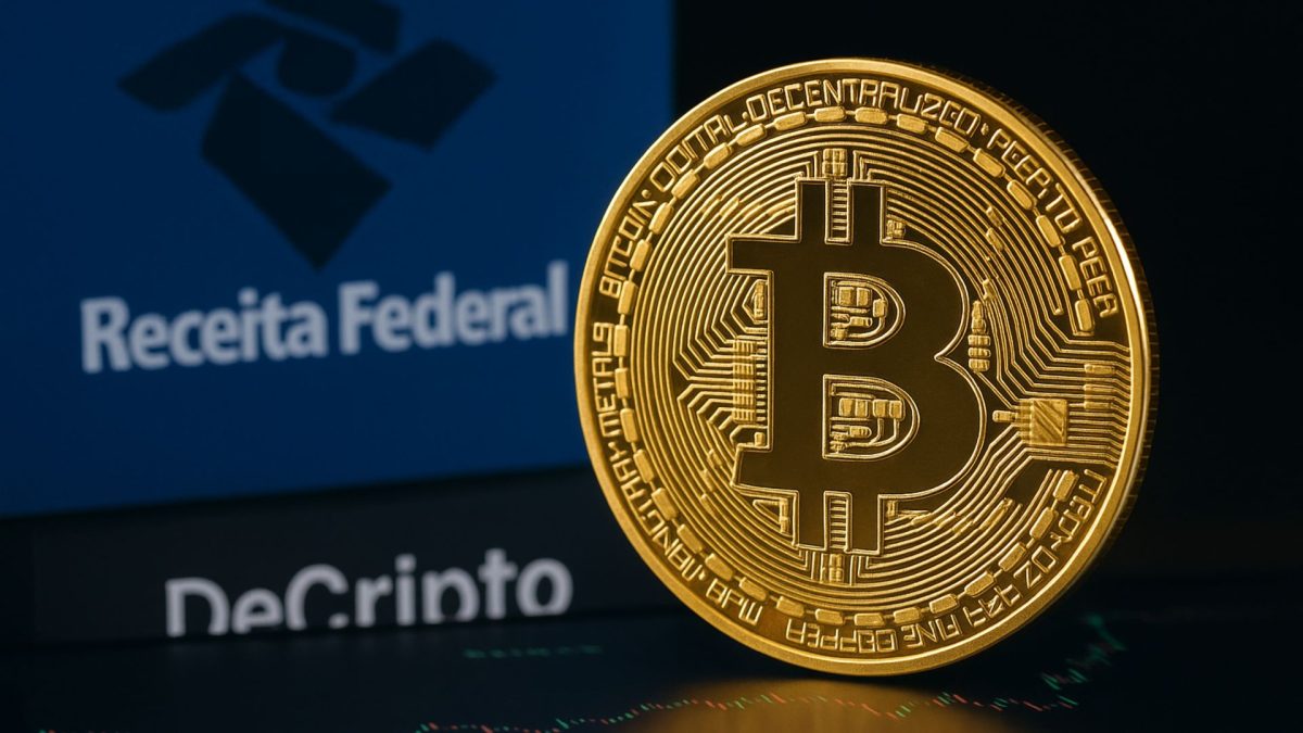 Bitcoin com imagem da Receita Federal e Decripto ao lado