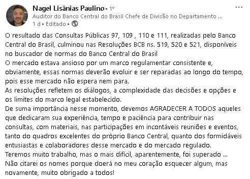 Chefe de Regulação do Banco Central do Brasil diz que muitas pessoas colaboraram com as resoluções que afetam as corretoras de bitcoin e criptomoedas