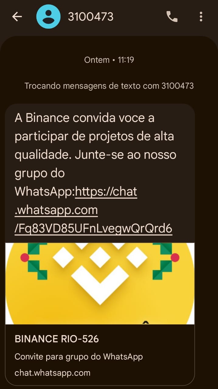 Golpe por SMS leva vítimas a entrarem em grupos falsos da Binance Brasill