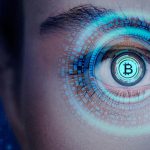 Mulher com bitcoin nos olhos