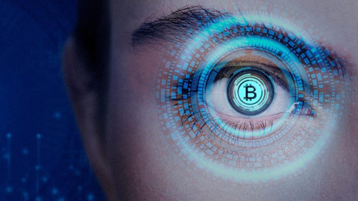 Mulher com bitcoin nos olhos