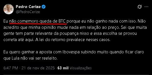 Pedro Cerize disse que não ganha nada com a queda do bitcoin