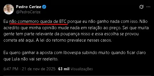 Pedro Cerize disse que não ganha nada com a queda do bitcoin