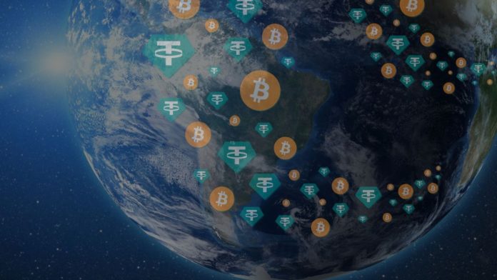 Planeta com imagem da Tether e Bitcoin, foco no Brasil criptomoedas empresa brasileira