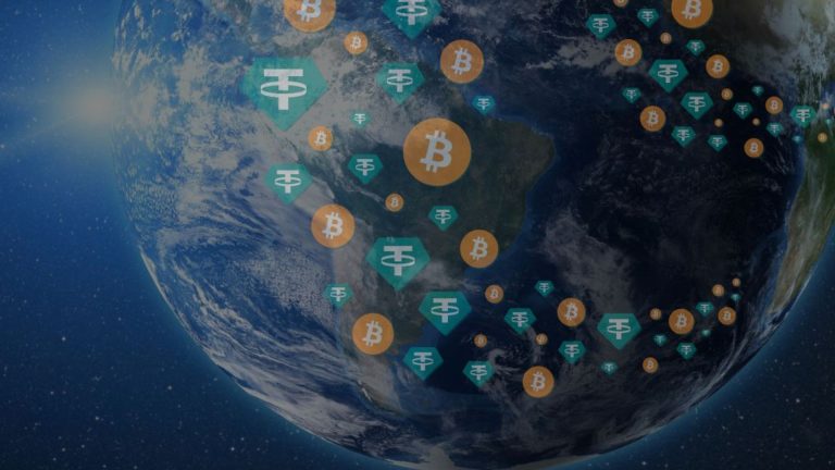 Planeta com imagem da Tether e Bitcoin, foco no Brasil criptomoedas empresa brasileira