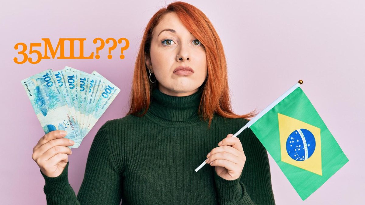 Ruiva segurando dinheiro e bandeira do Brasil receita federal bitcoin e criptomoedas