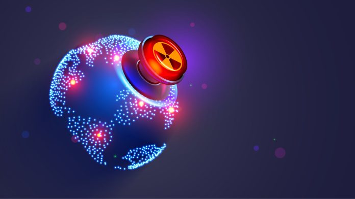 Símbolo de energia nuclear em globo do mundo com pontos descentralizados