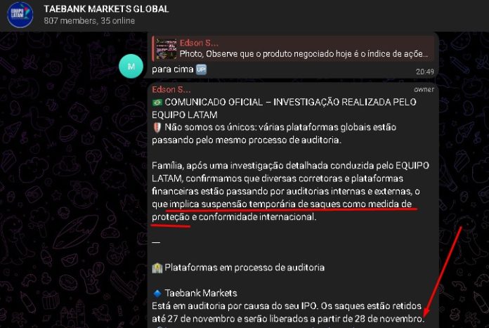 Taebank parou de pagar e pediu até dia 27 de novembro de 2025 a paciência dos clientes falsa corretora de criptomoedas