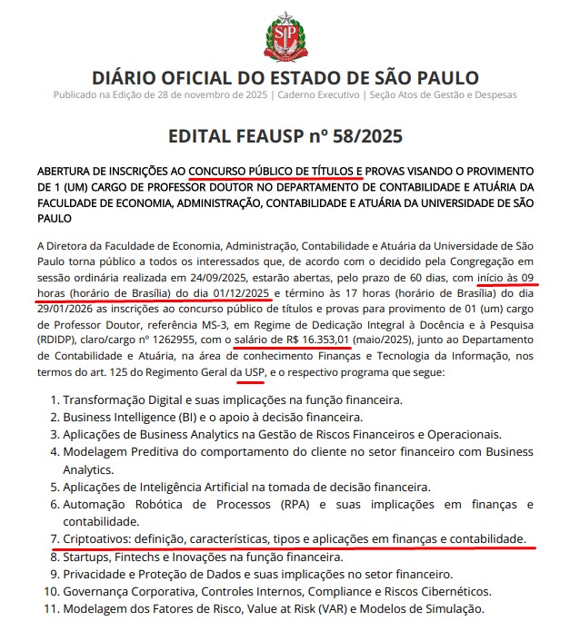 USP abre novo concurso para contratar professor de contabilidade que conheça de criptomoedas