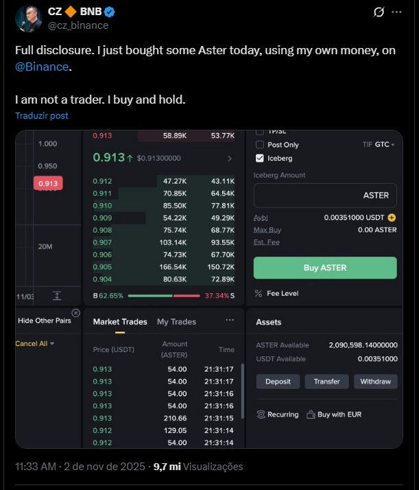 Changpeng Zhao, fundador da Binance, revela adição de nova criptomoeda ao seu portfólio. Fonte: X.