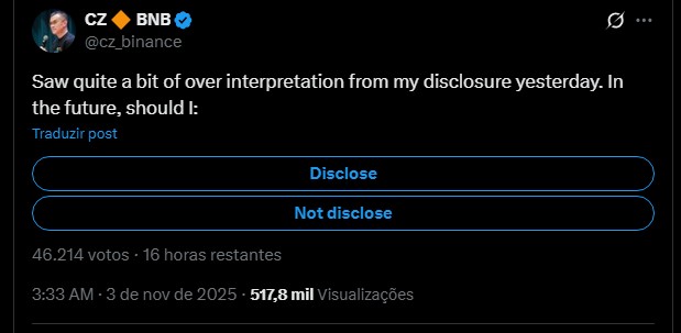 Fundador da Binance questiona seguidores se deveria ser transparente sobre seus investimentos em criptomoedas. Fonte: X.