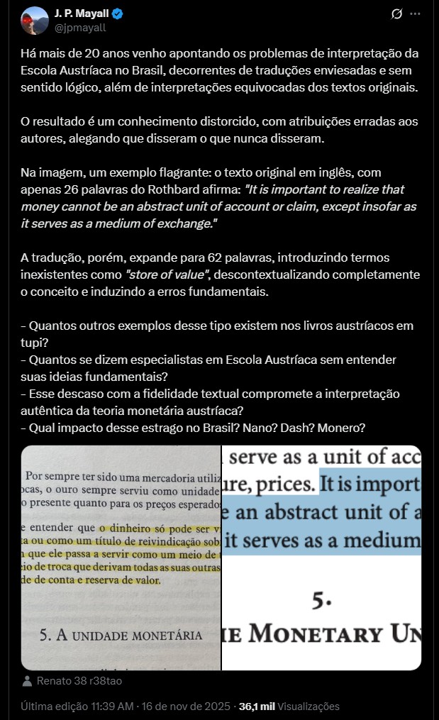 JP Mayall fala sobre erros de traduções em livros sobre economia e questiona consequências dessas leituras. Fonte: X.