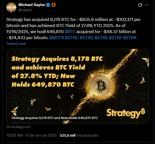 Michael Saylor revela nova compra de Bitcoin por sua empresa. Fonte: X.