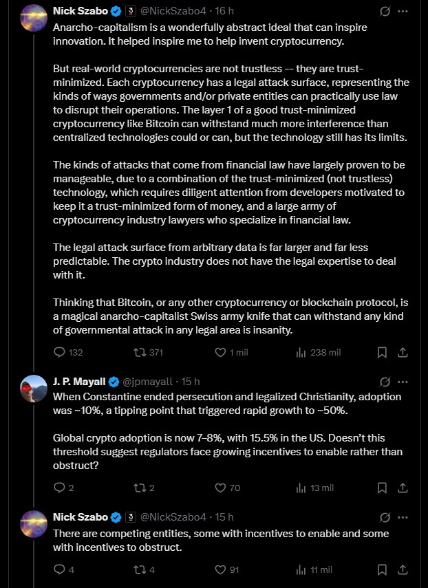 Nick Szabo e J. P. Mayall falando sobre o futuro jurídico do Bitcoin e outras criptomoedas. Fonte: X.